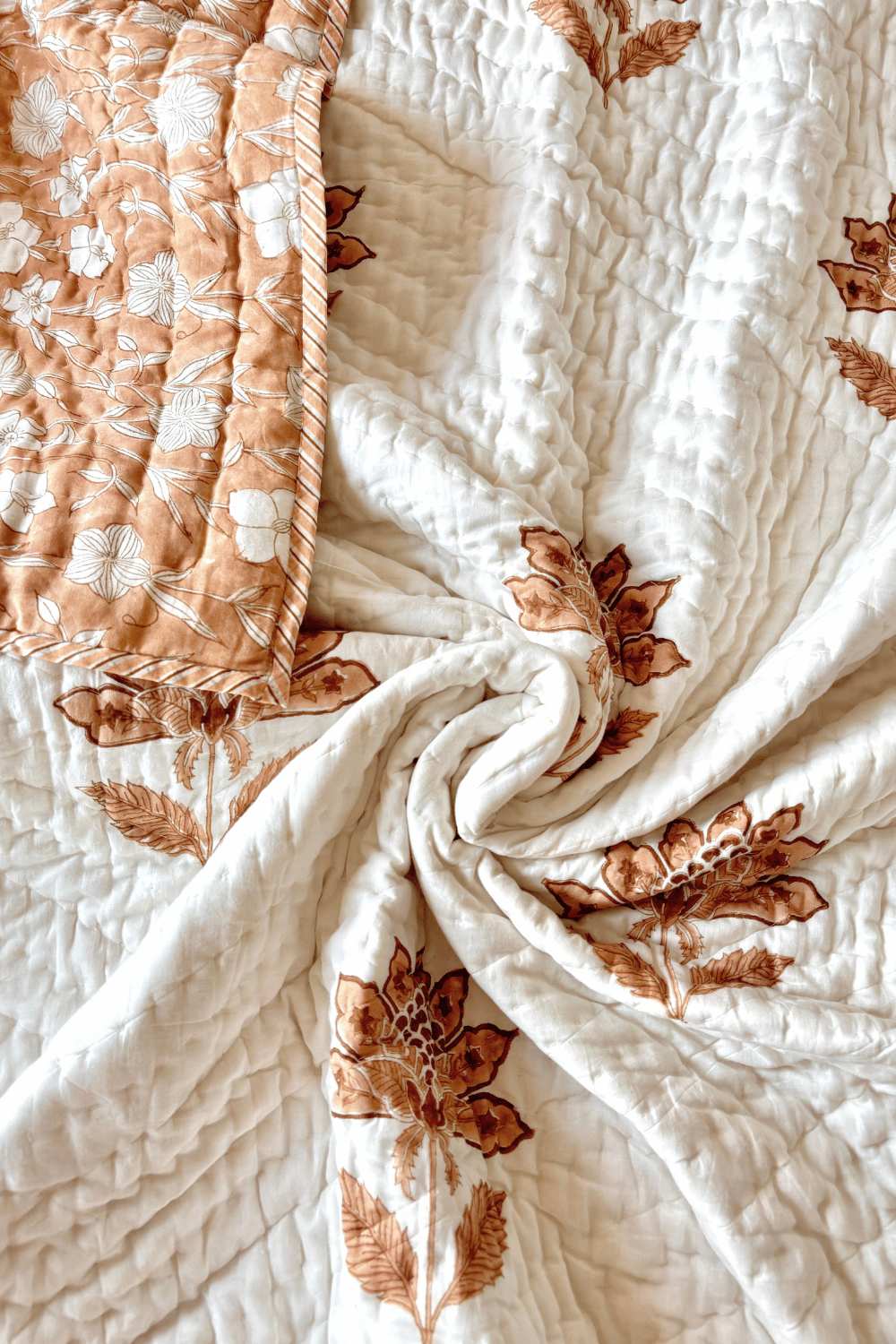 Apricot Bloom Handblock Printed Reversible Mulmul Cotton Quilt Double