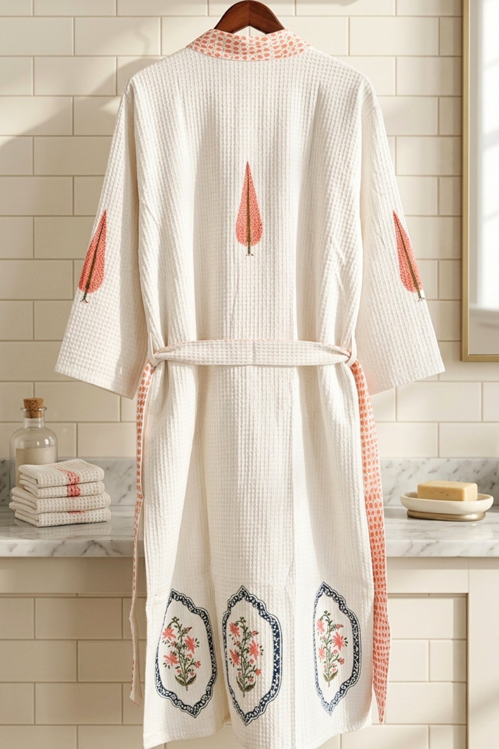 Ivory & Coral Hand Block Printed Waffle Cotton Bathrobe
