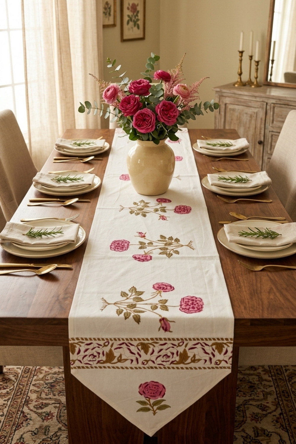 Rosette Charm Handblock Printed Cotton Canvas Table Runner
