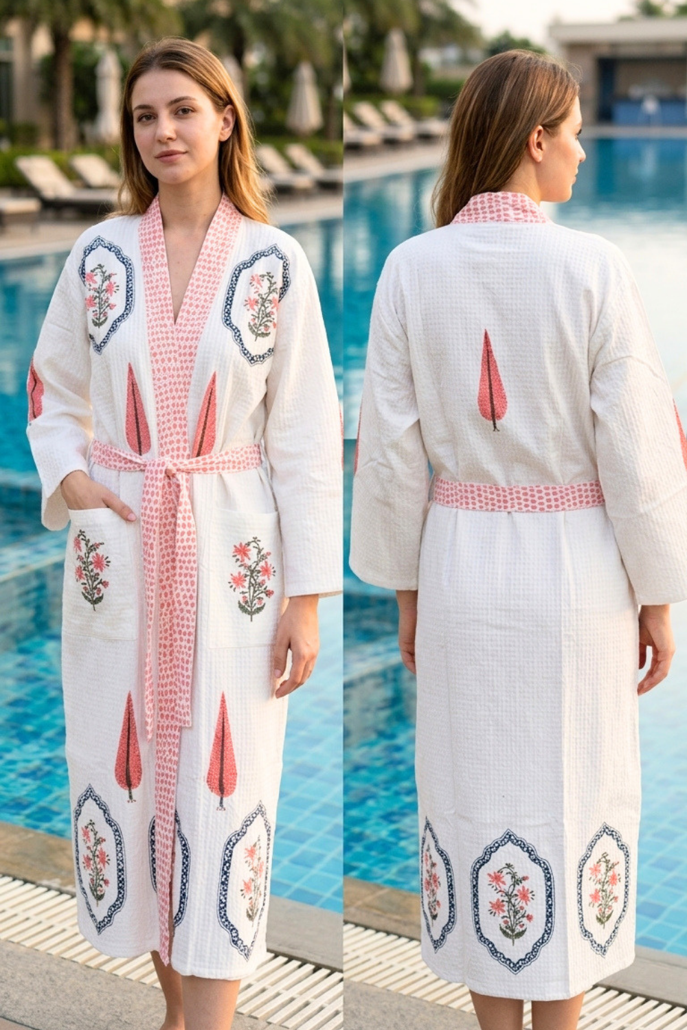 Ivory & Coral Hand Block Printed Waffle Cotton Bathrobe