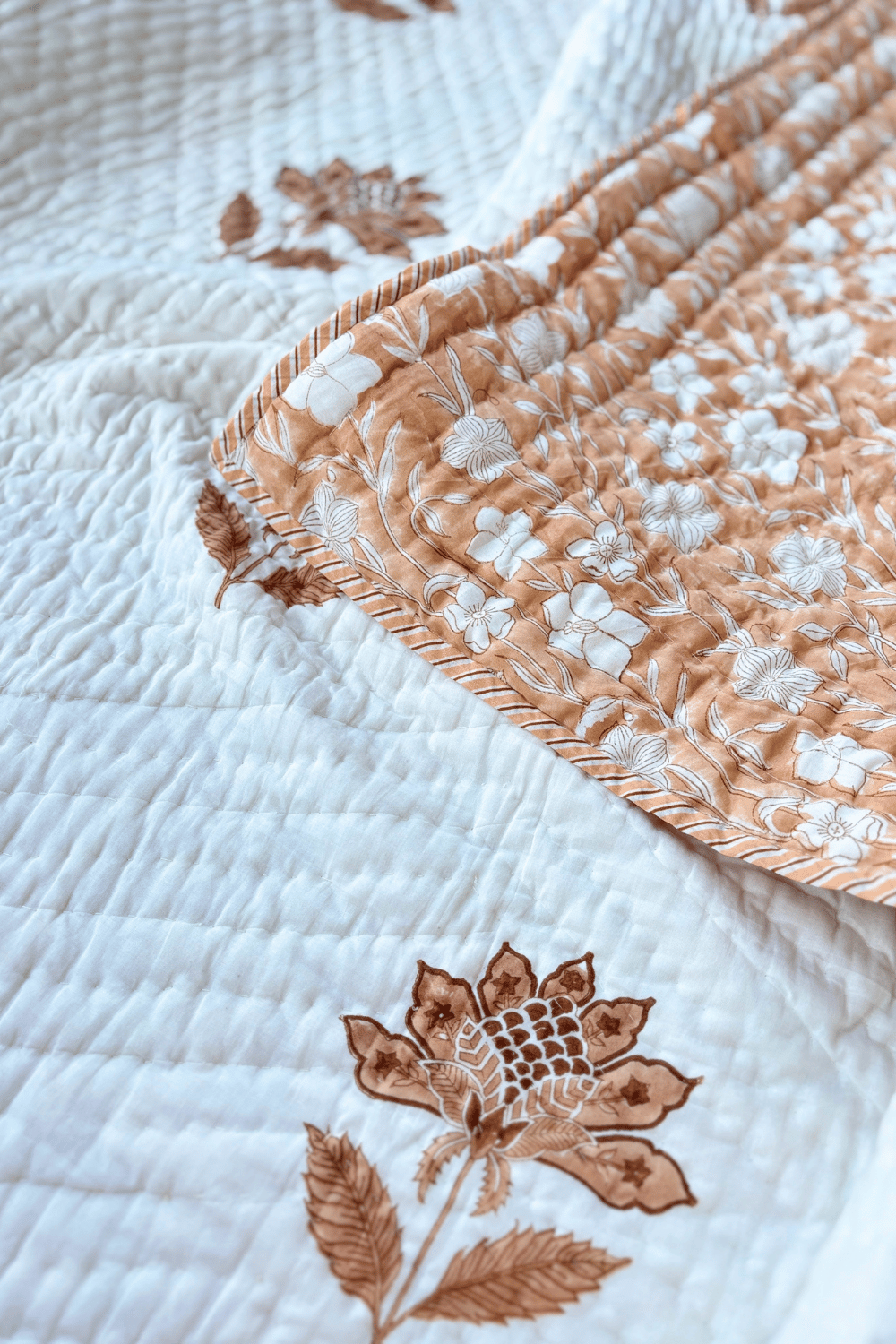 Apricot Bloom Handblock Printed Reversible Mulmul Cotton Quilt Double