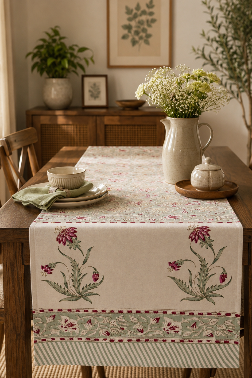 Scarlet Fern Handblock Printed Cotton Canvas Table Runner