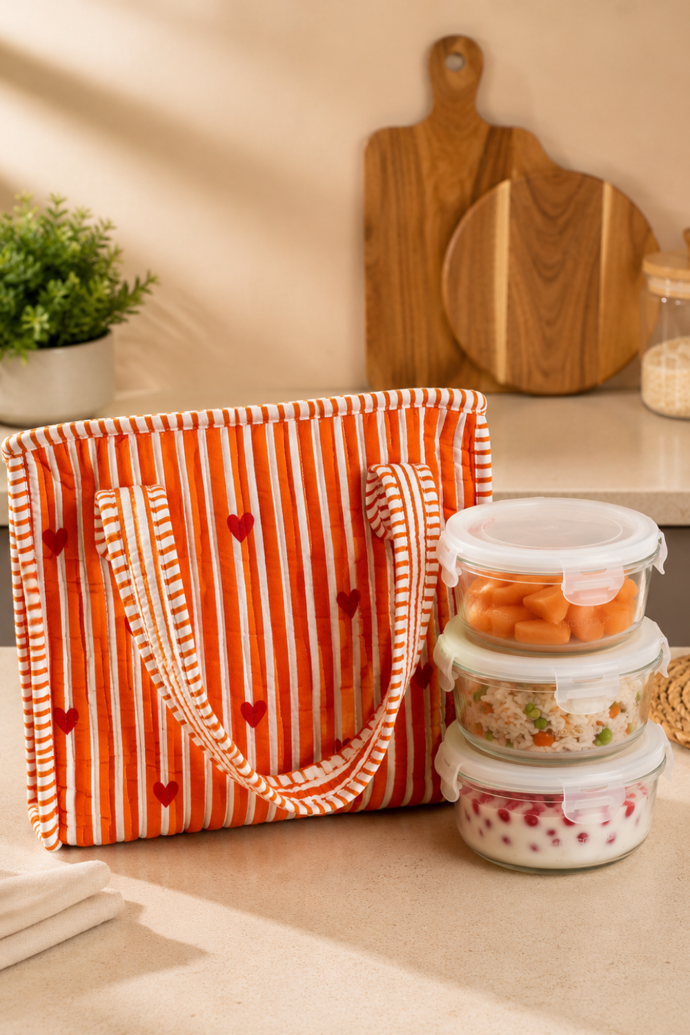 Tangerine Hearts Quilted Cotton Lunch Bag