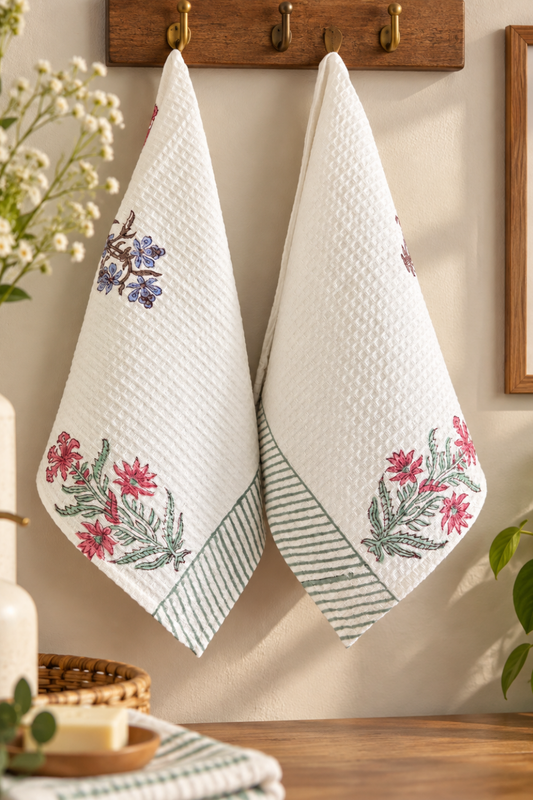Garden Hush Handblock Printed Waffle Cotton Hand Towel- Set of 2
