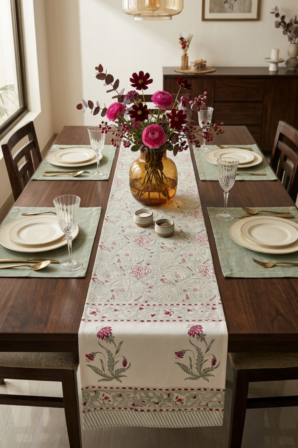 Scarlet Fern Handblock Printed Cotton Canvas Table Runner