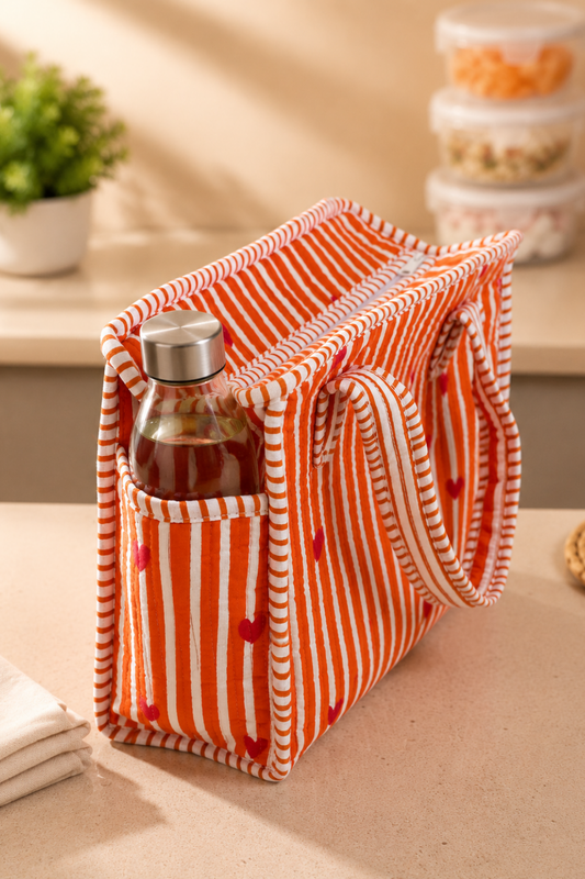 Tangerine Hearts Quilted Cotton Lunch Bag