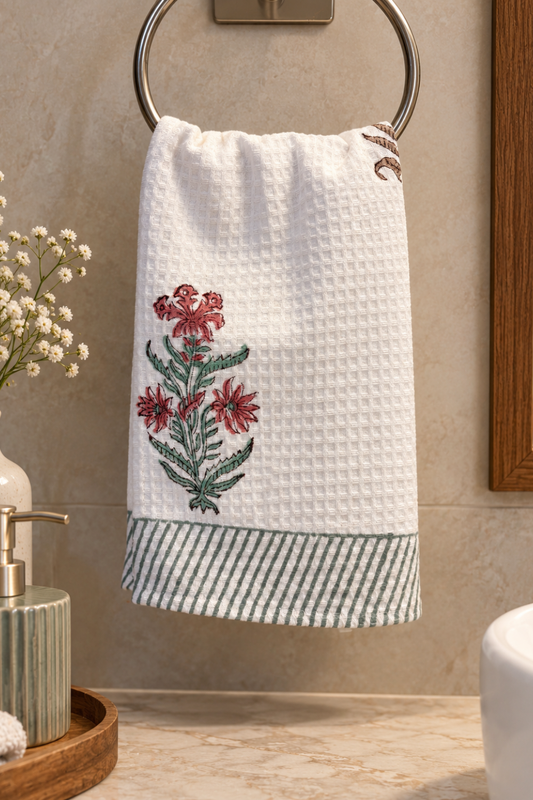 Garden Hush Handblock Printed Waffle Cotton Hand Towel- Set of 2