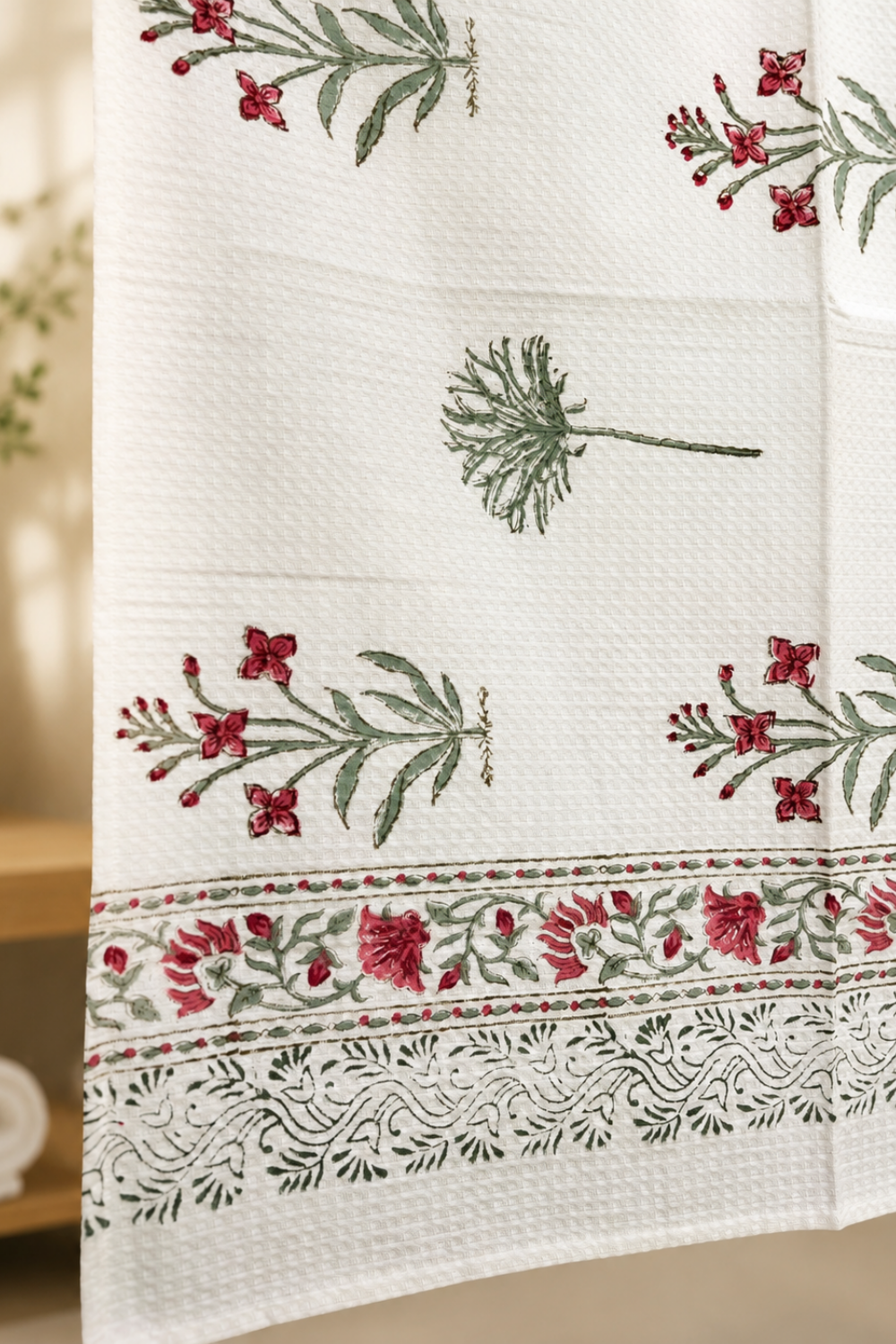 Blush Sprig Handblock Printed Waffle Cotton Bath Towel
