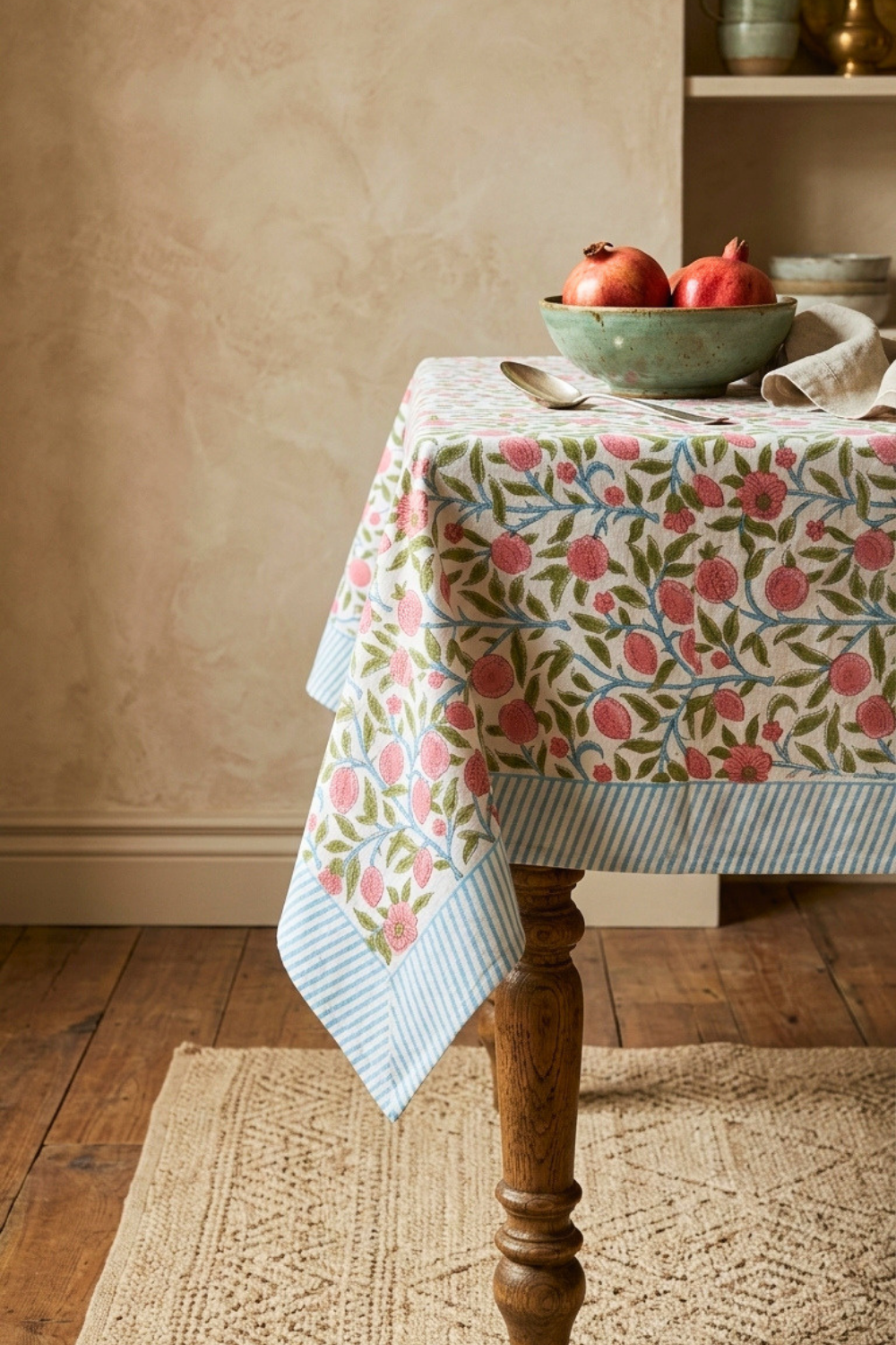 Blush Vine Handblock Printed Cotton Canvas Table Cloth - 6 Seater