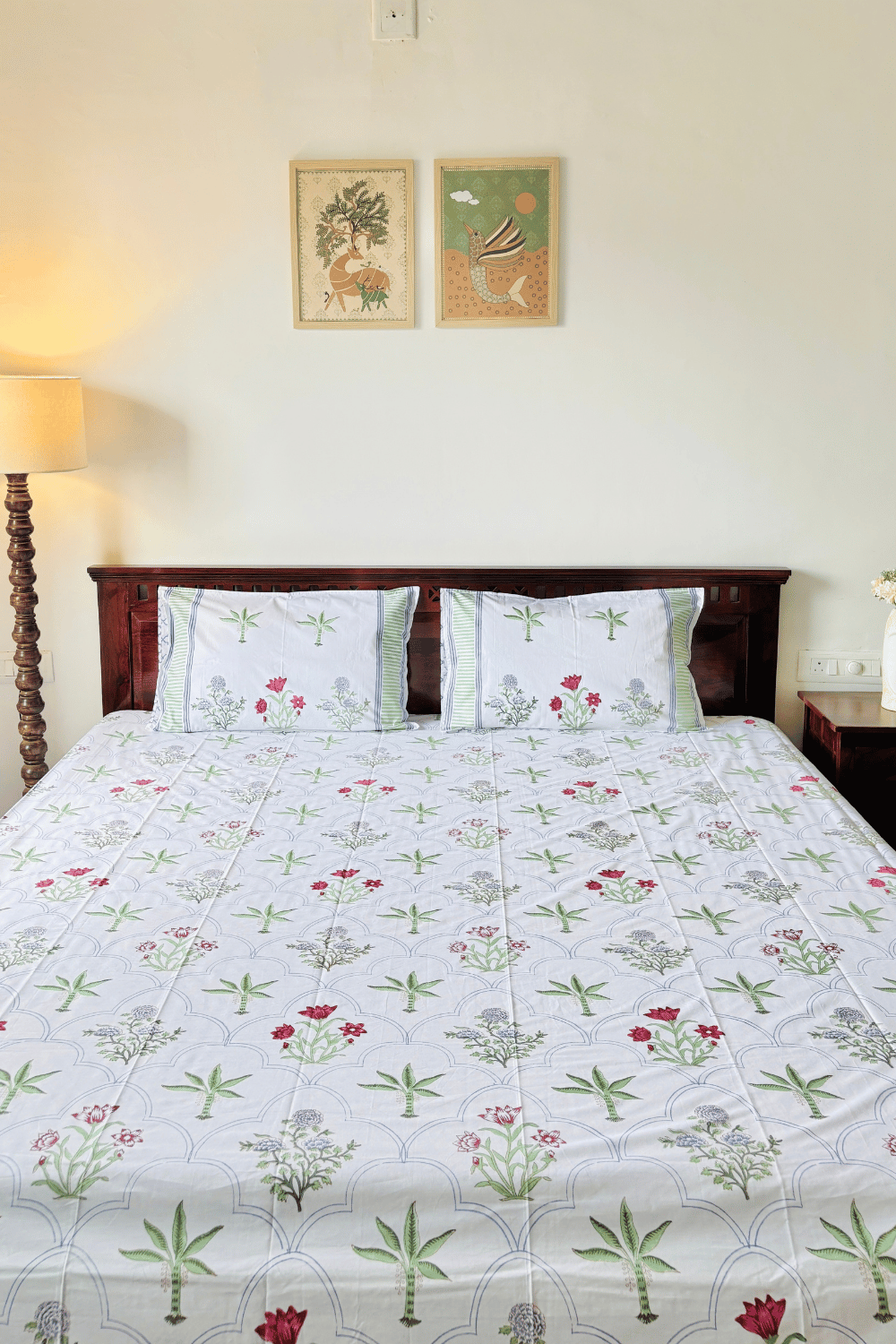 Sage Palm Handblock Printed Percale Cotton Bedsheet