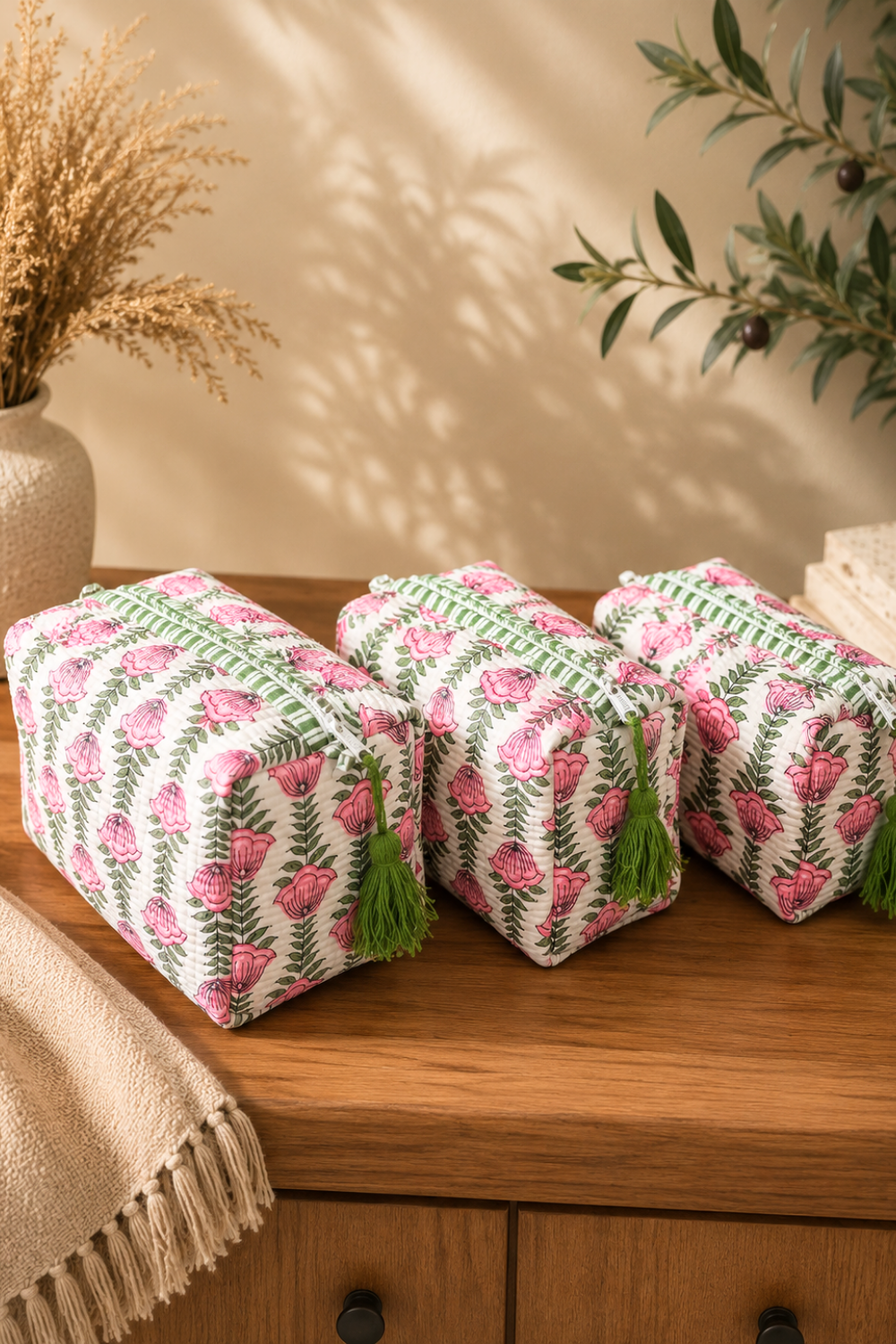Pink Meadow Quilted Cotton Travel Pouches – Set of 3