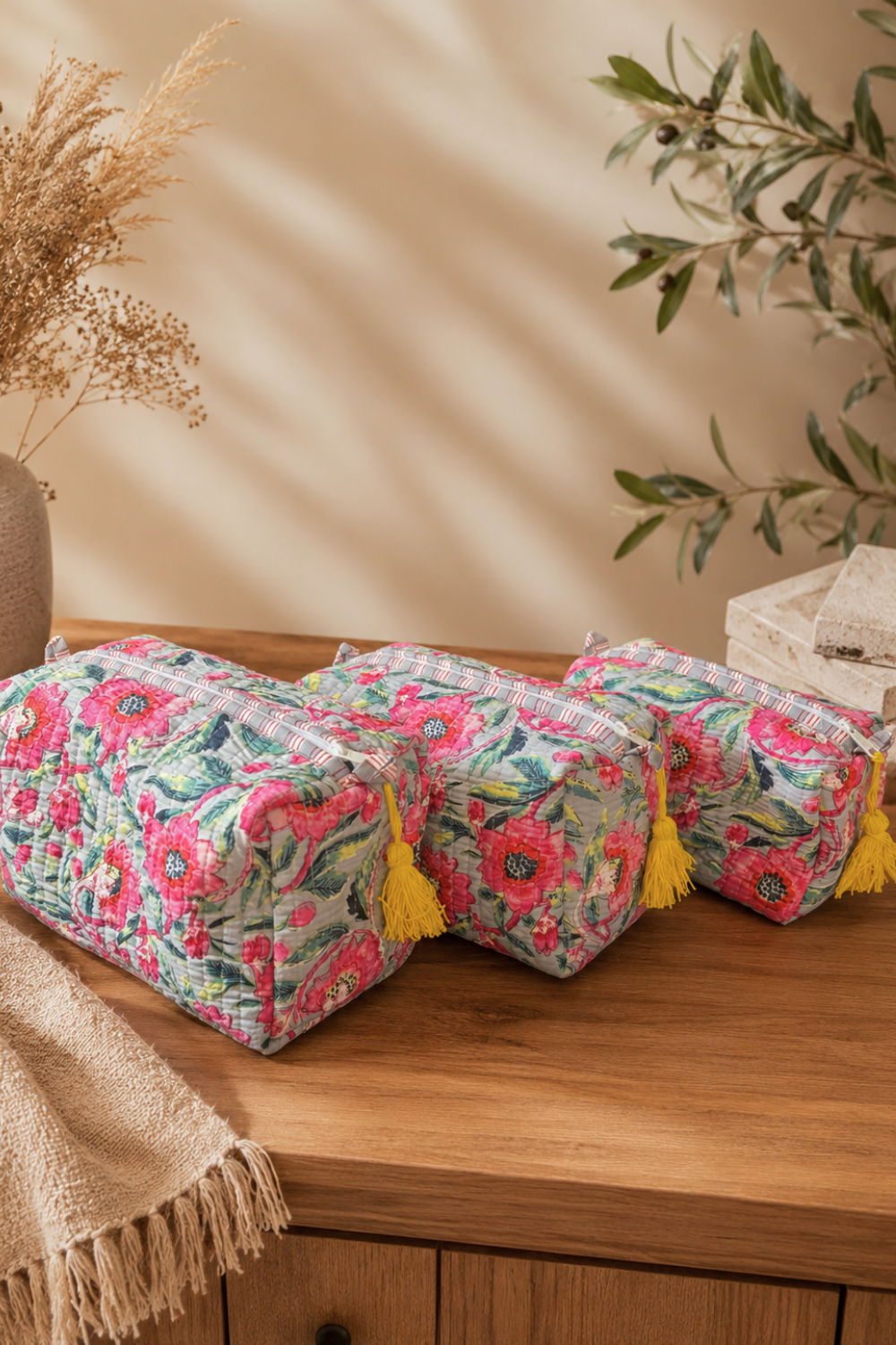 Pink Floral Quilted Cotton Travel Pouches – Set of 3