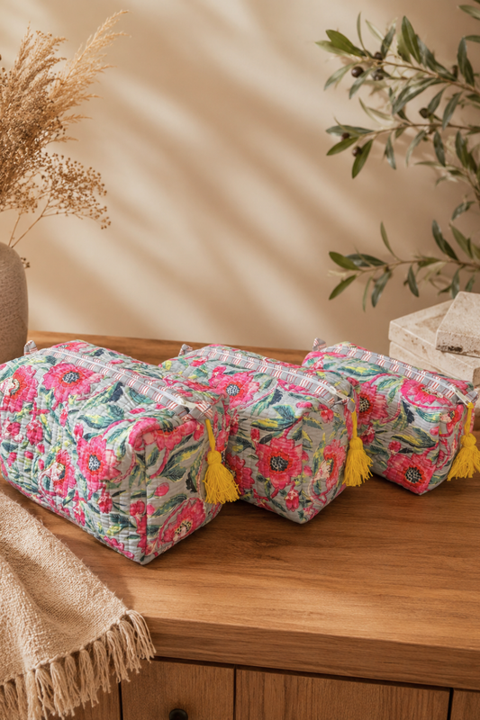 Pink Floral Quilted Cotton Travel Pouches – Set of 3