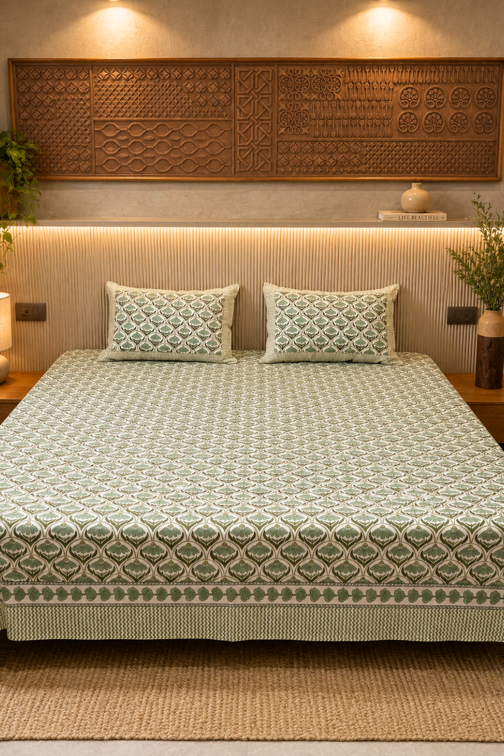 Verdant Blossom Handblock Printed Cotton Bedsheet