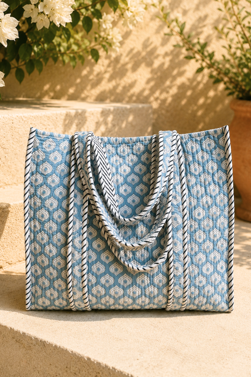 Azure Mosaic Quilted Cotton Tote Bag