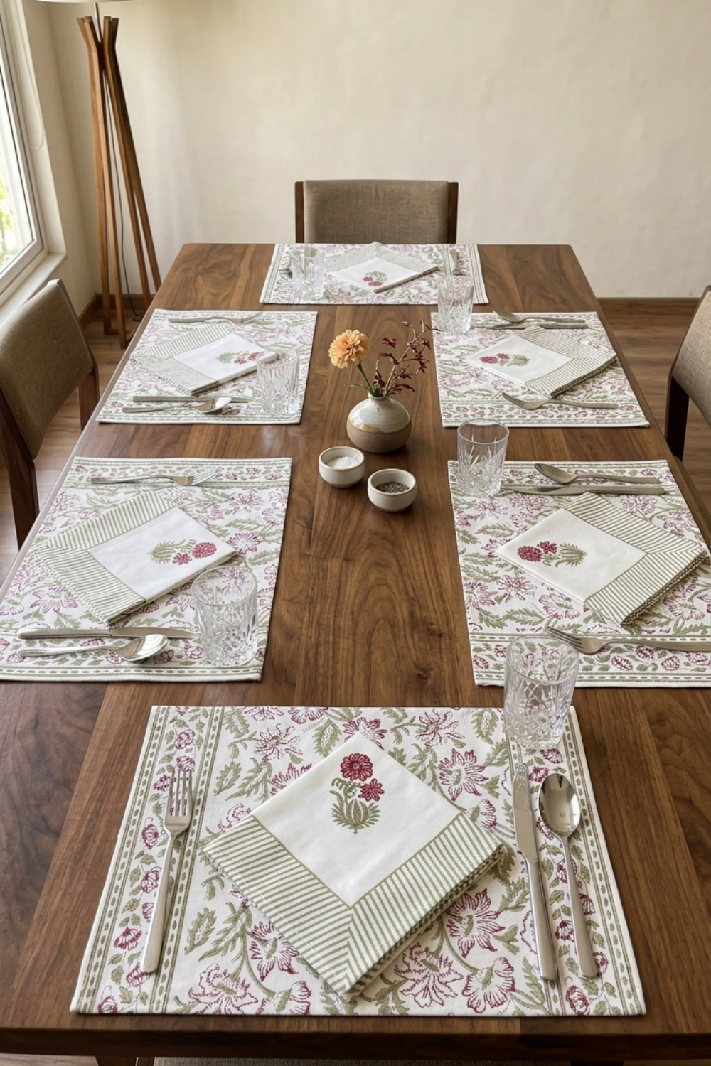 Olive Blossom Handblock Printed Canvas Table Mats & Napkins Set