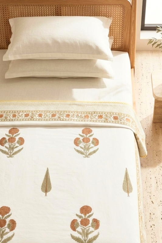 Sienna Bloom Handblock Printed Reversible Mulmul Dohar