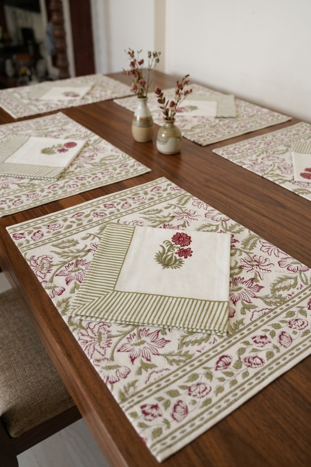 Olive Blossom Handblock Printed Canvas Table Mats & Napkins Set