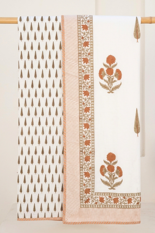 Sienna Bloom Handblock Printed Reversible Mulmul Dohar