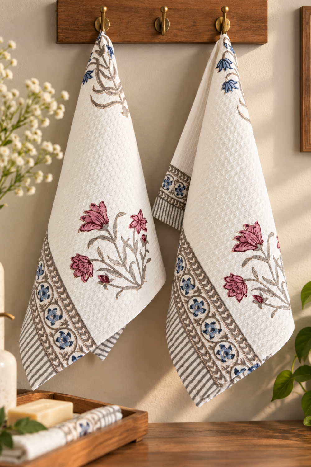 Dust & Dahlia Handblock Printed Waffle Cotton Hand Towel- Set of 2