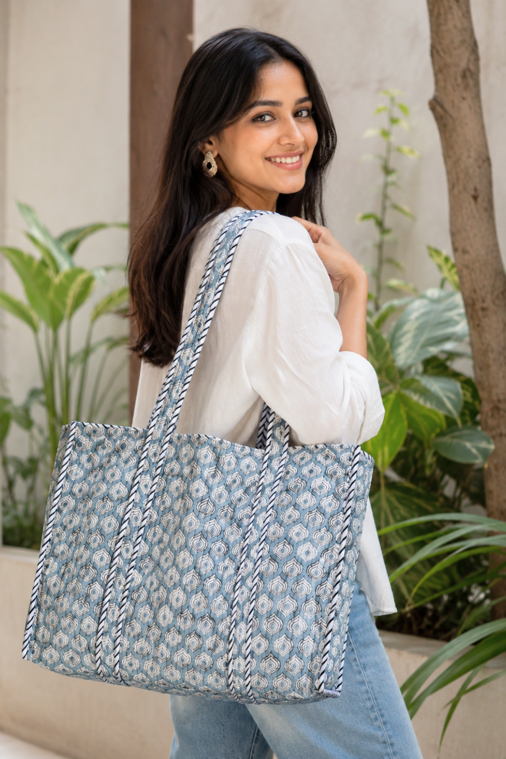 Azure Mosaic Quilted Cotton Tote Bag