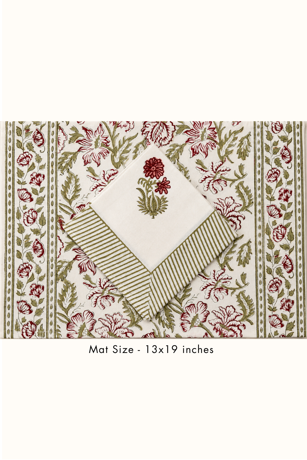 Olive Blossom Handblock Printed Canvas Table Mats & Napkins Set