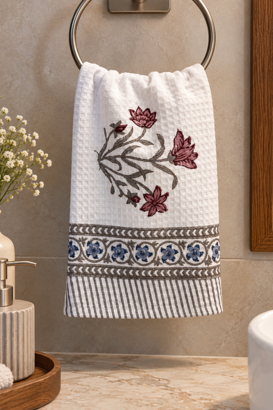 Dust & Dahlia Handblock Printed Waffle Cotton Hand Towel- Set of 2