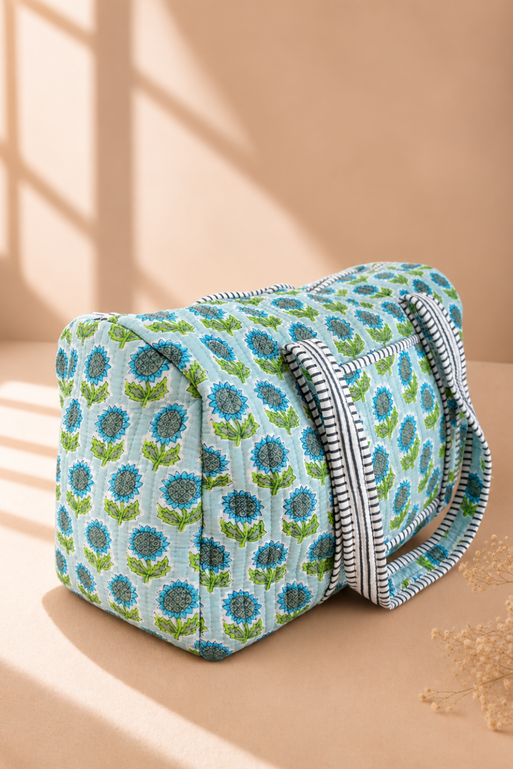 Botanical Trail Quilted Handblock Printed Cotton Duffle Bag