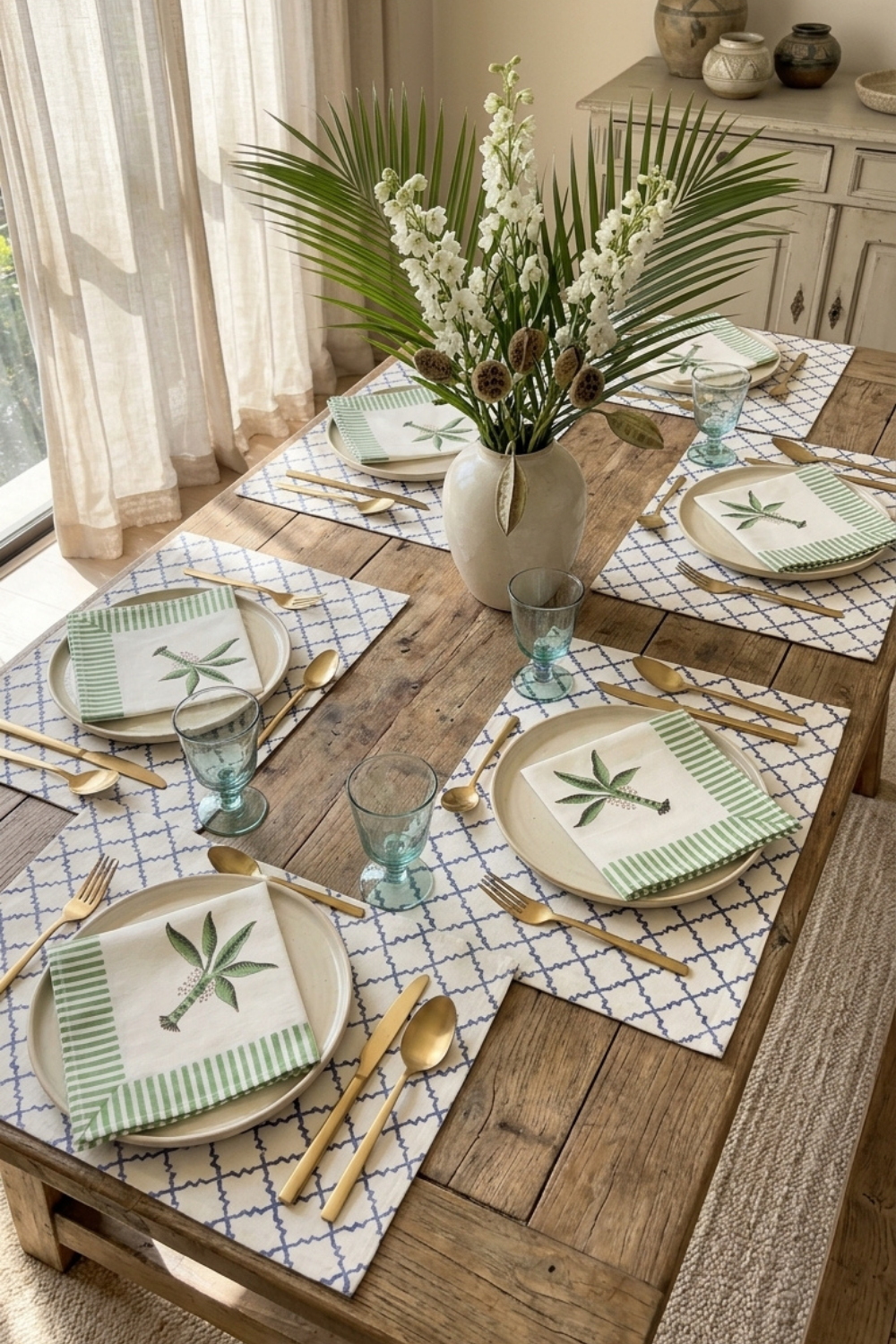 Palm Breeze Handblock Printed Canvas Table Mats & Napkins Set