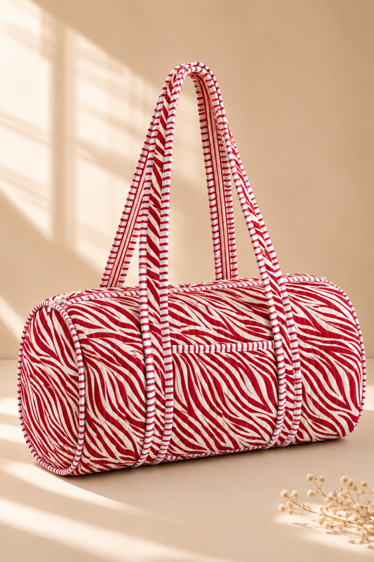 Crimson Ripple Quilted Handblock Printed Cotton Duffle Bag