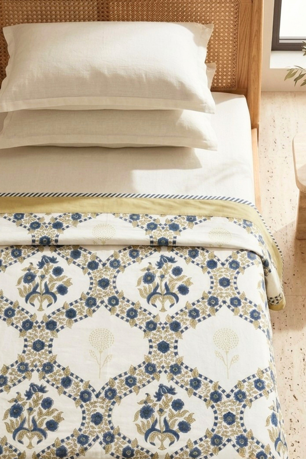 Indigo Trellis Handblock Printed Reversible Mulmul Dohar