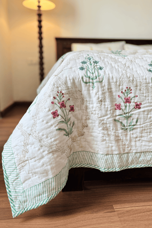 Blush Rosette Handblock Printed Reversible Mulmul Cotton Quilt Double