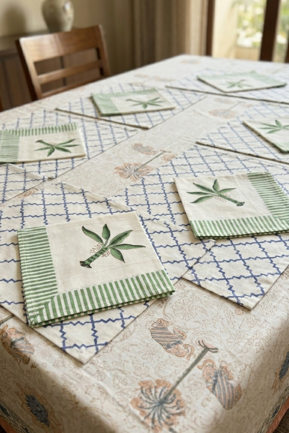 Palm Breeze Handblock Printed Canvas Table Mats & Napkins Set
