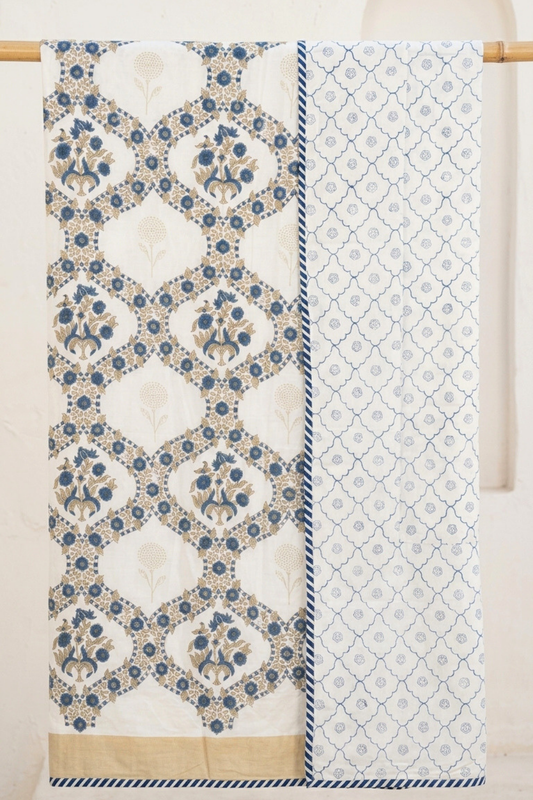 Indigo Trellis Handblock Printed Reversible Mulmul Dohar