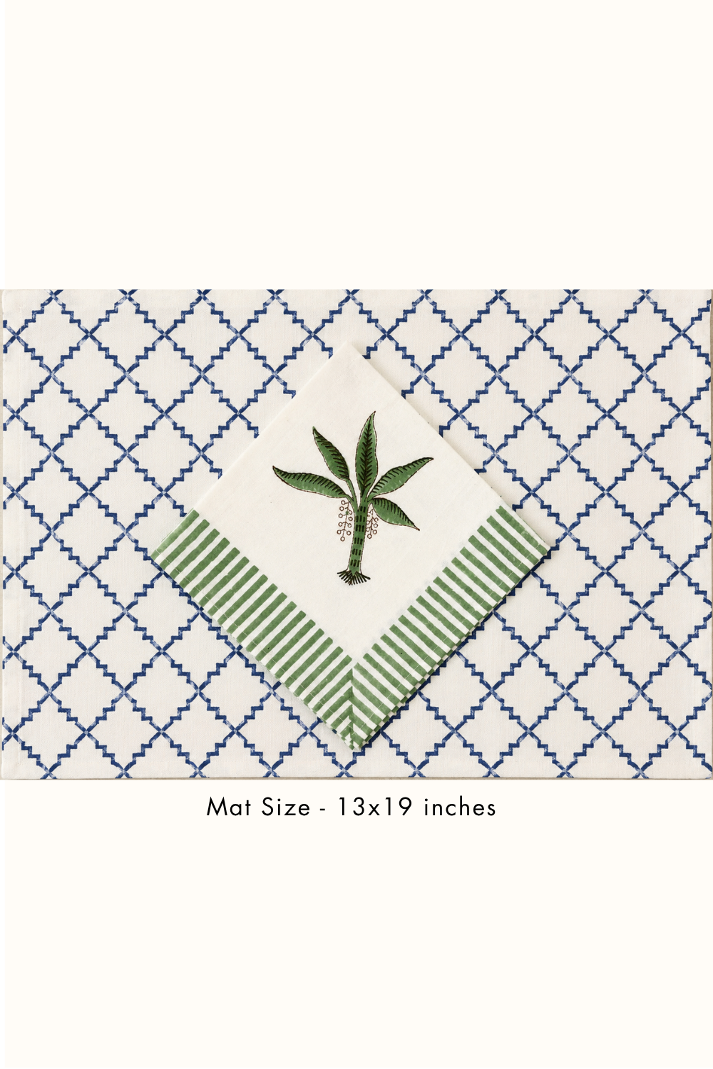 Palm Breeze Handblock Printed Canvas Table Mats & Napkins Set