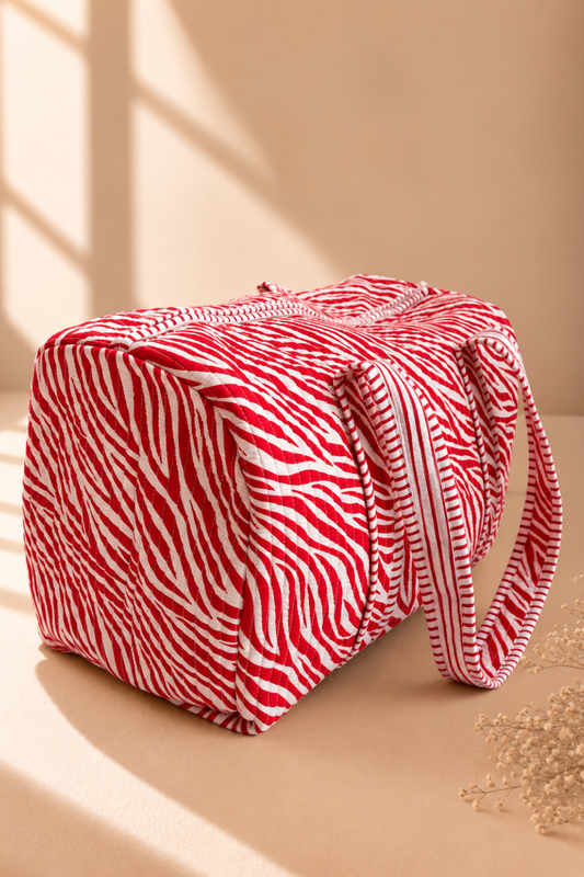 Crimson Ripple Quilted Handblock Printed Cotton Duffle Bag