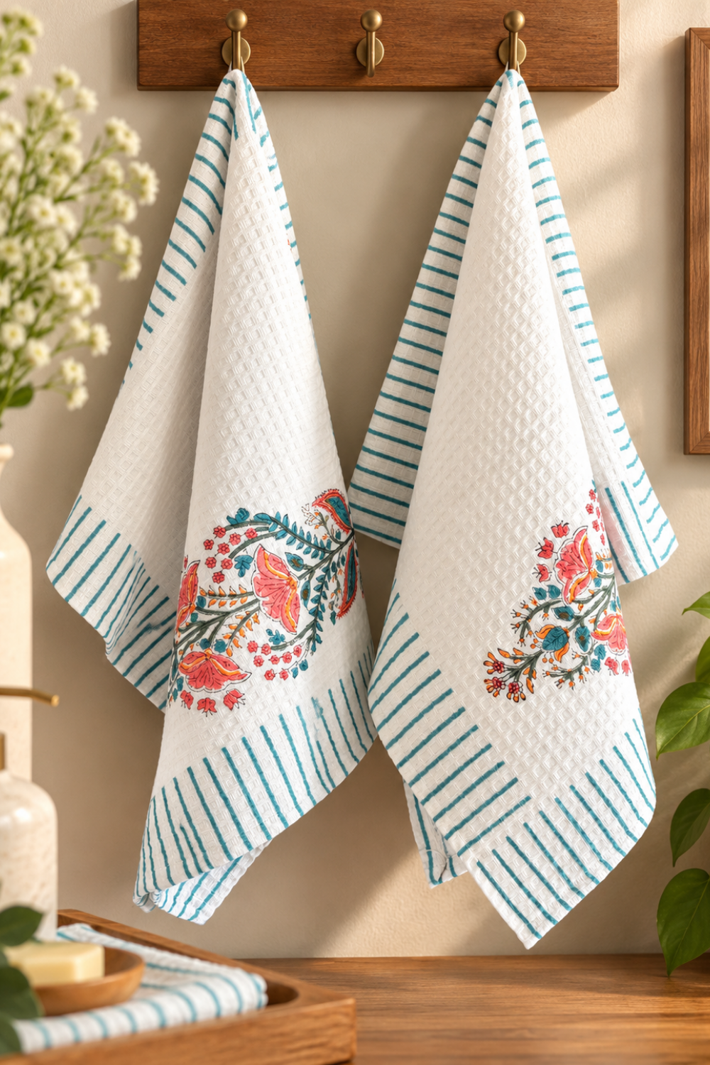 Coral Canopy Handblock Printed Waffle Cotton Hand Towel- Set of 2
