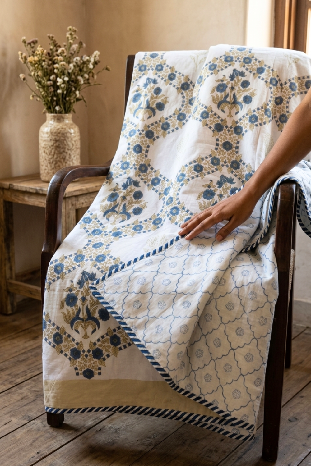 Indigo Trellis Handblock Printed Reversible Mulmul Dohar