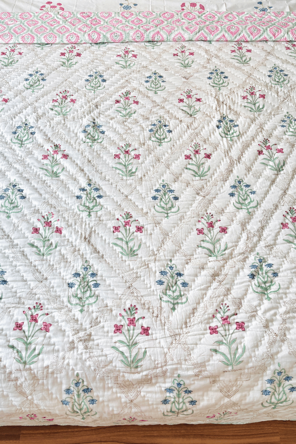 Blush Rosette Handblock Printed Reversible Mulmul Cotton Quilt Double