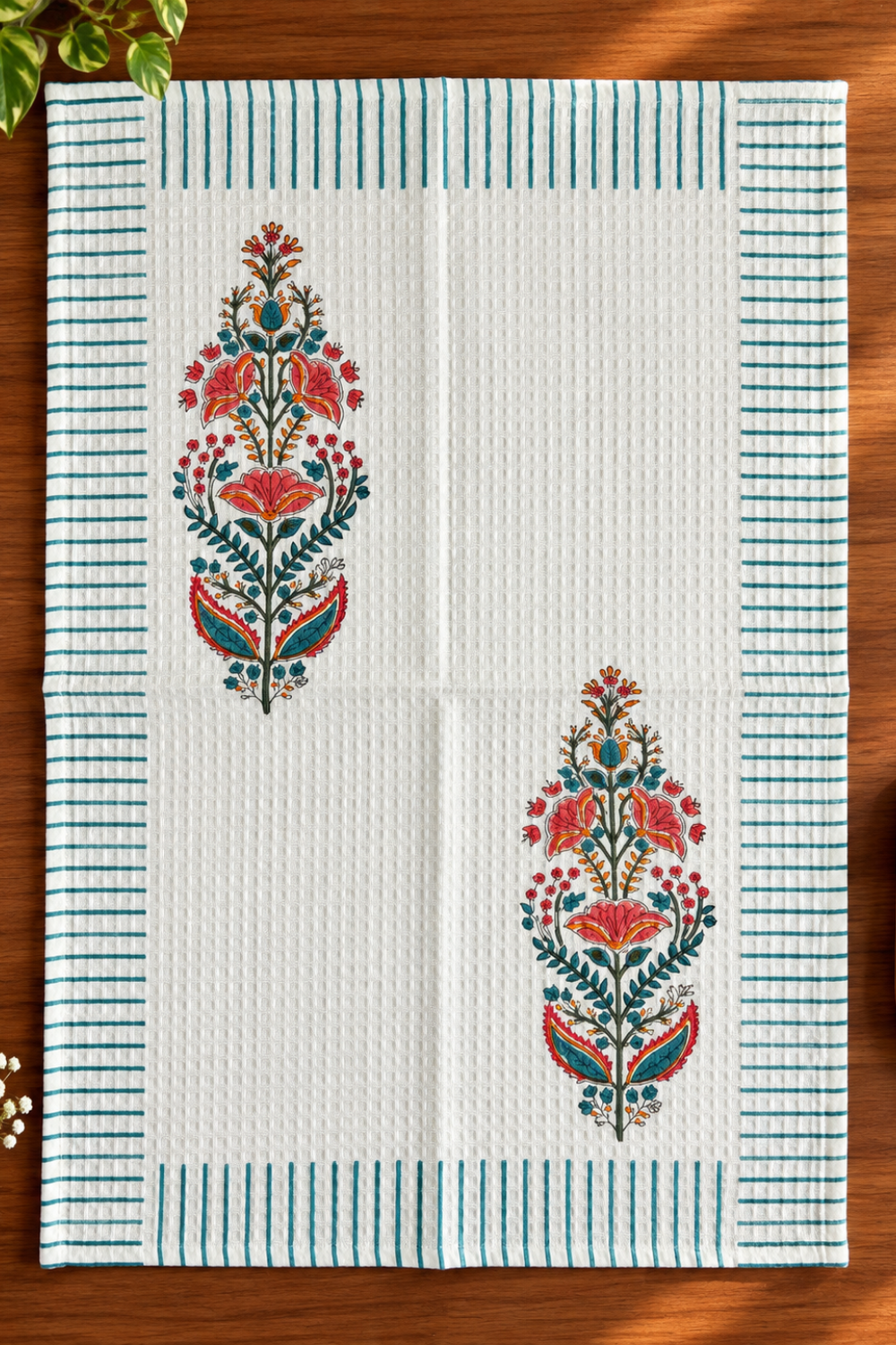 Coral Canopy Handblock Printed Waffle Cotton Hand Towel- Set of 2