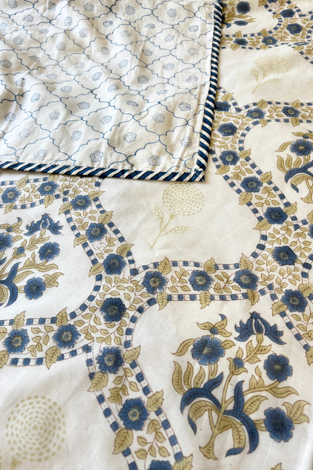 Indigo Trellis Handblock Printed Reversible Mulmul Dohar