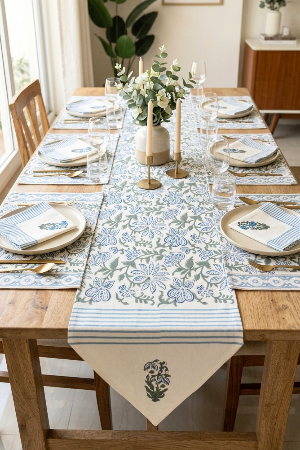 Blue Meadow Handblock Printed Canvas Table Runner, Mats & Napkins Set