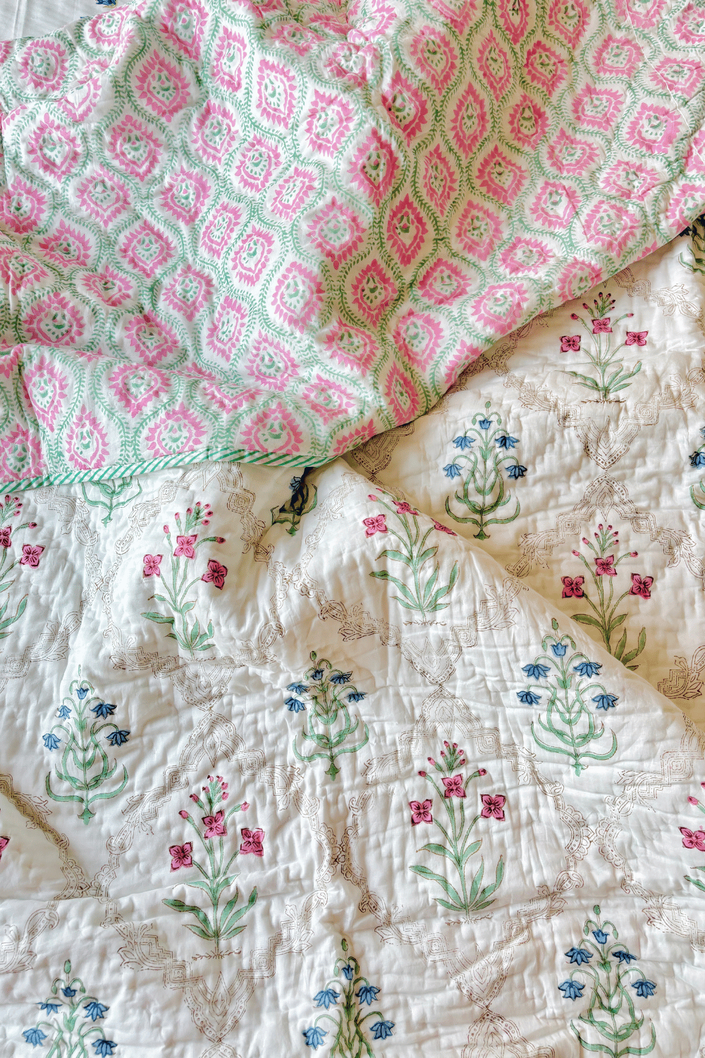 Blush Rosette Handblock Printed Reversible Mulmul Cotton Quilt Double