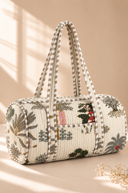 Sage Garden Quilted Handblock Printed Cotton Duffle Bag