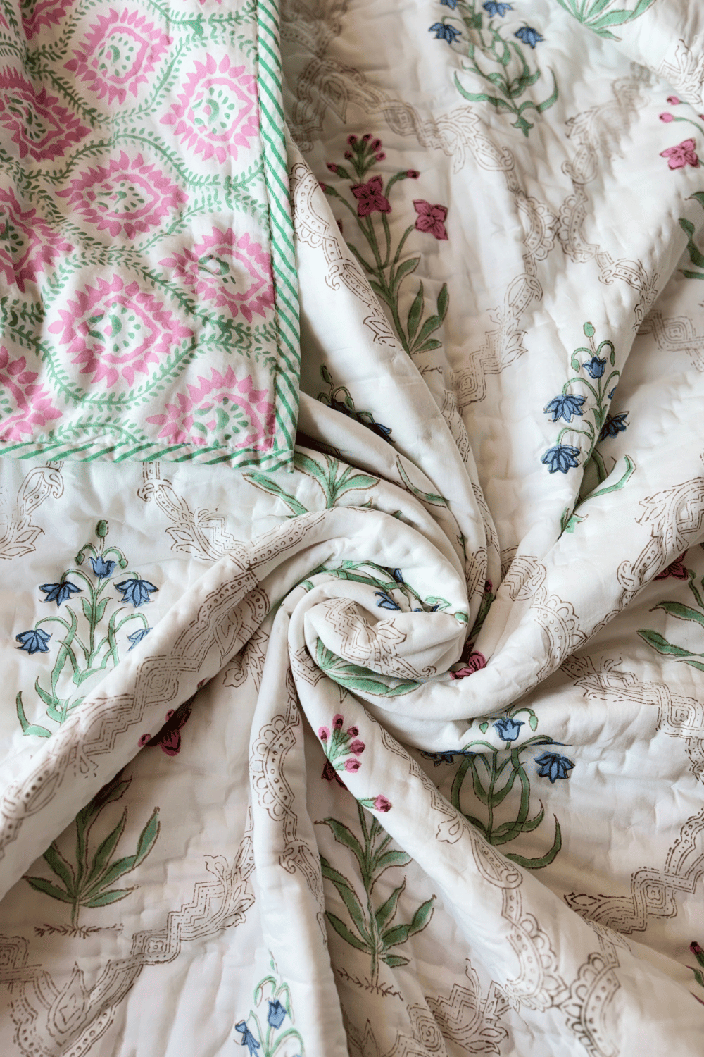 Blush Rosette Handblock Printed Reversible Mulmul Cotton Quilt Double