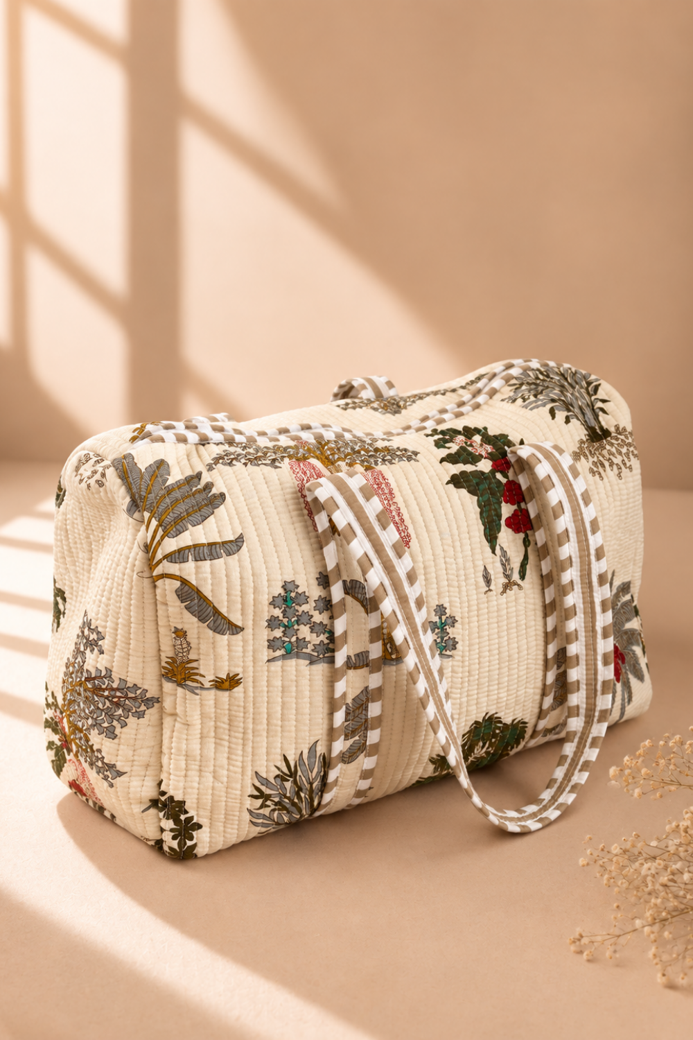 Sage Garden Quilted Handblock Printed Cotton Duffle Bag