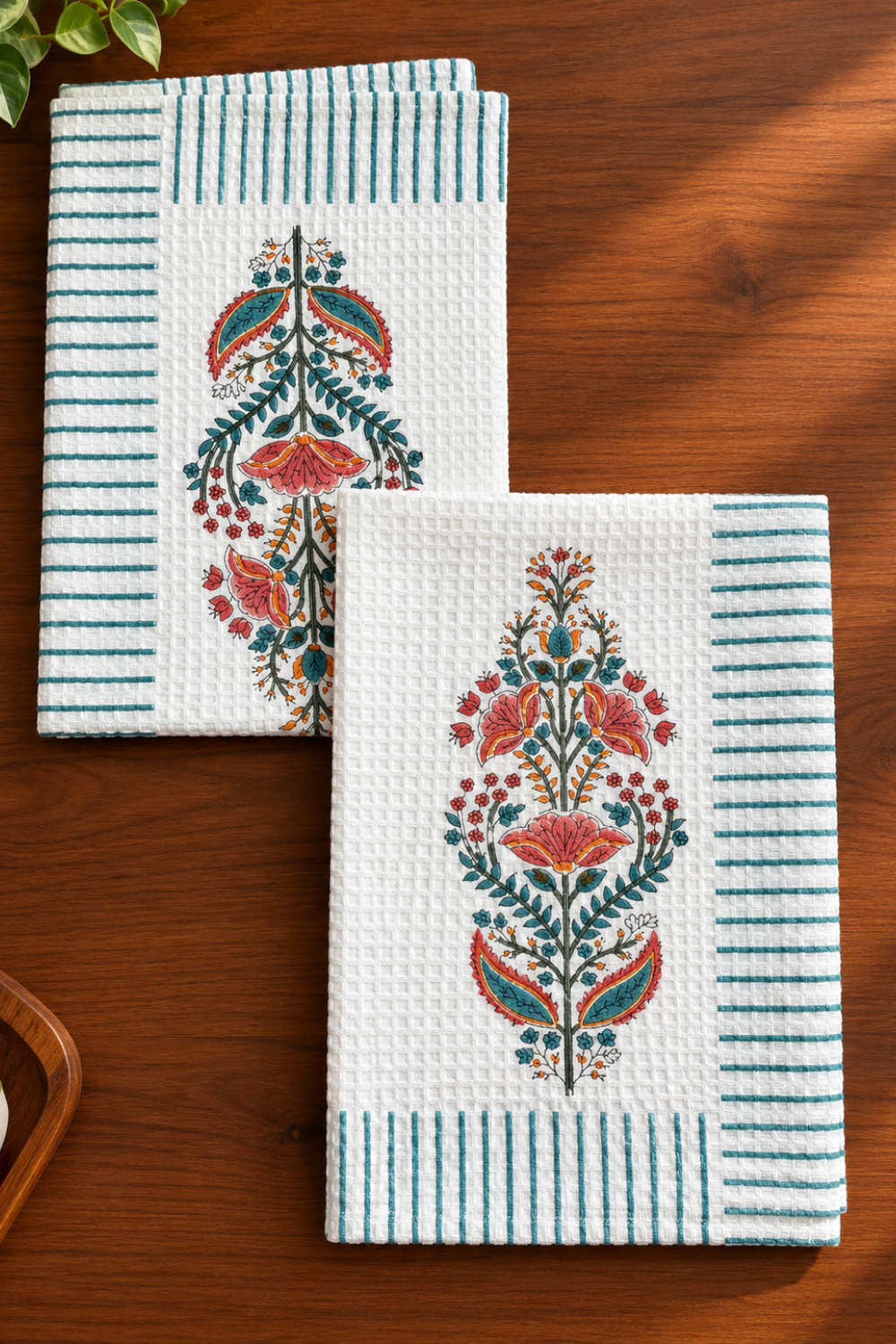 Coral Canopy Handblock Printed Waffle Cotton Hand Towel- Set of 2