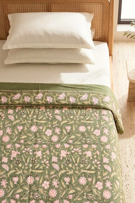 Olive Garden Handblock Printed Reversible Mulmul Dohar