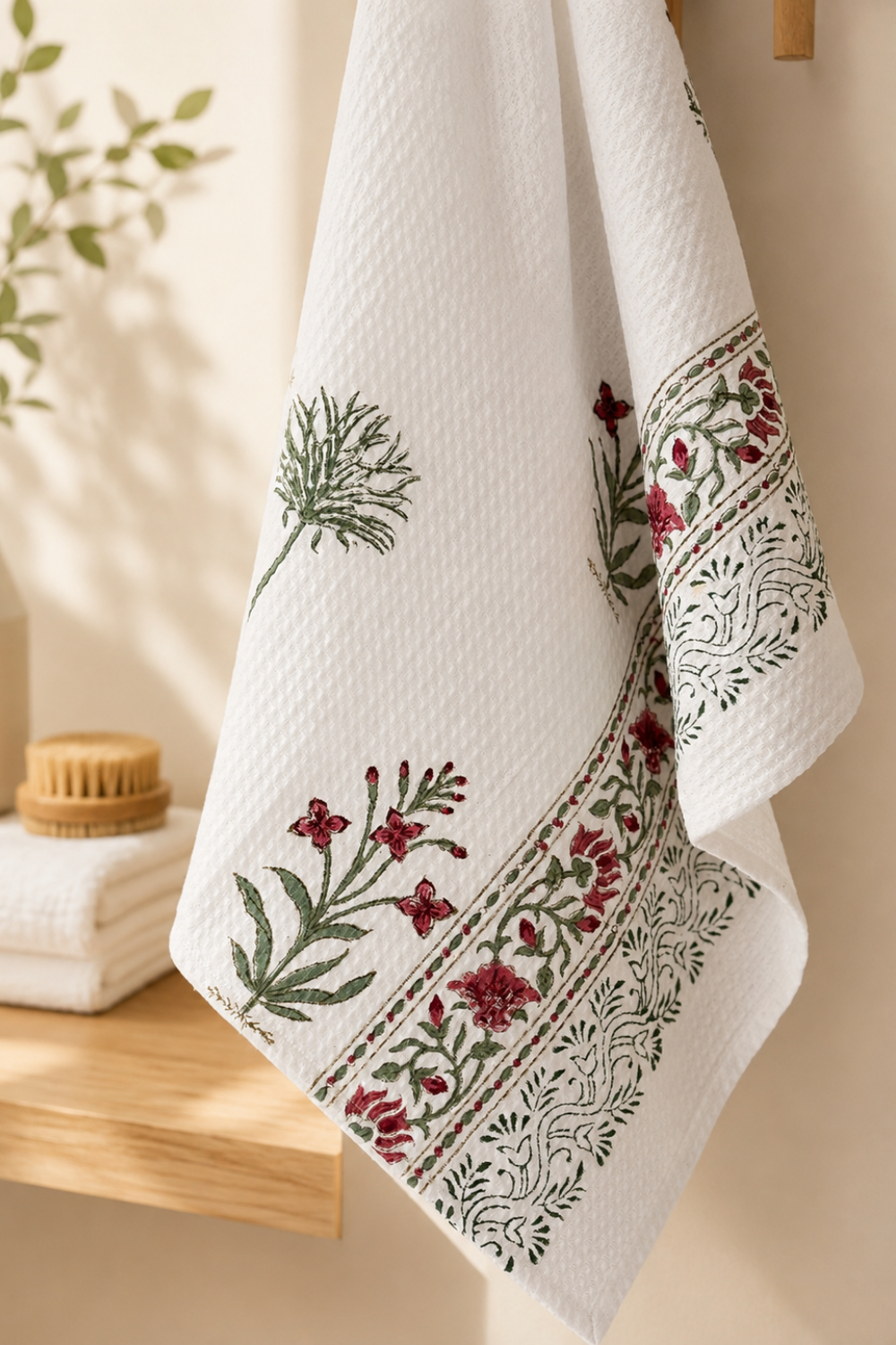 Blush Sprig Handblock Printed Waffle Cotton Bath Towel