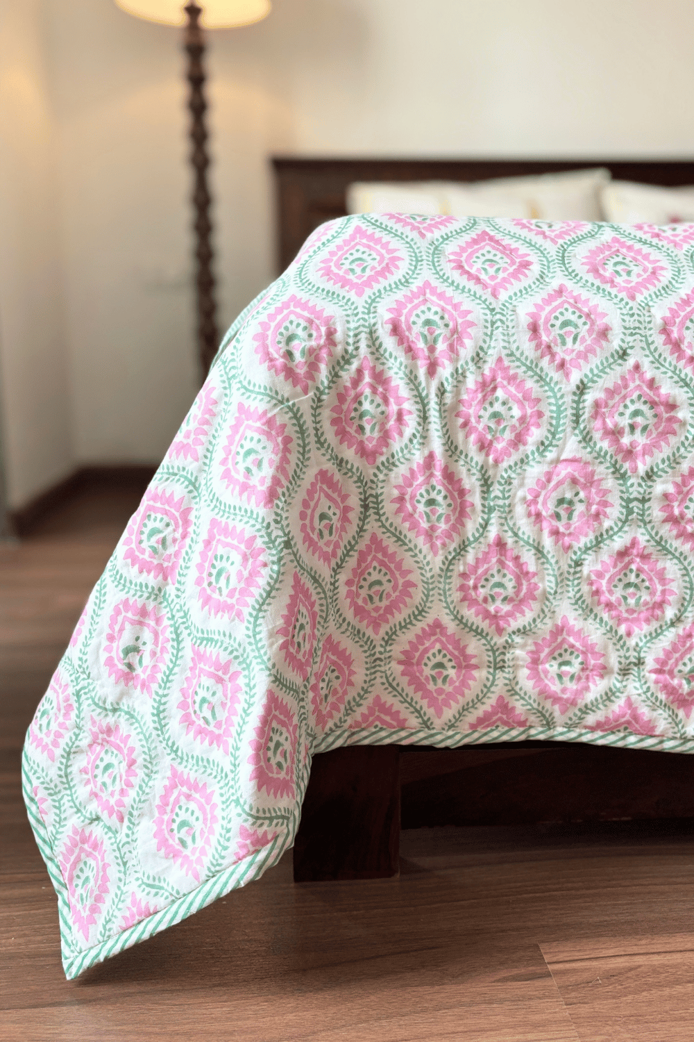Blush Rosette Handblock Printed Reversible Mulmul Cotton Quilt Double